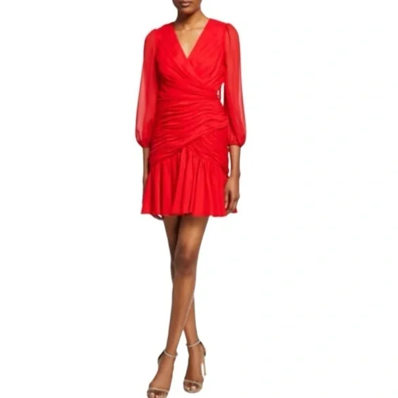 Jill Stuart Shirred Blouson Sleeve Faux Wrap Formal Cocktail Dress -Red - Size 2 - Picture 2 of 11
